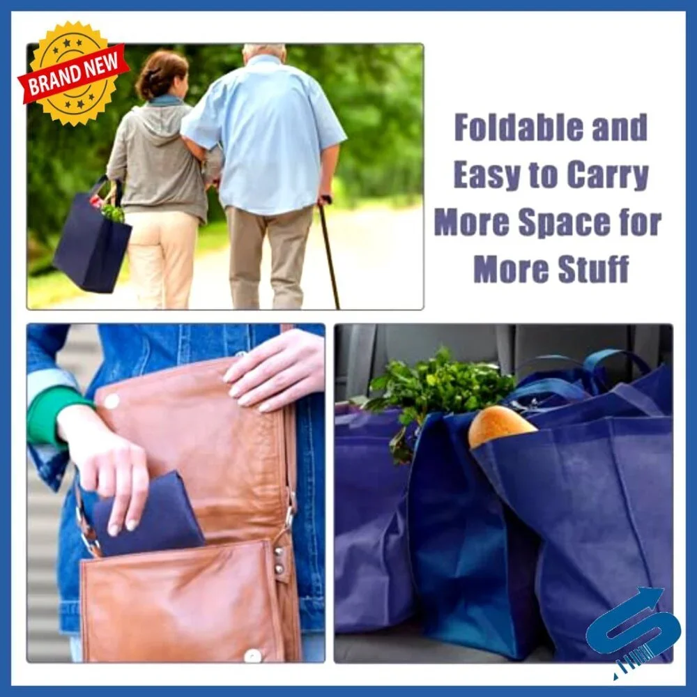 Reusable Foldable Tote Bags Non-Woven Grocery Shopping Bulk Pack Eco-Friendly